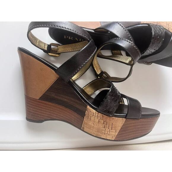 PRADA Black Leather Platform Wedge Sandals Ankle Strap Heels EU 39 US 9 - Picture 1 of 14